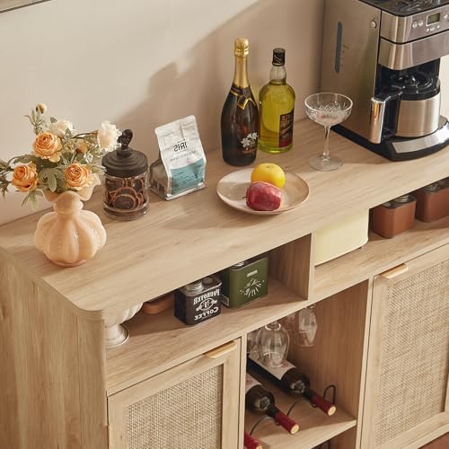 Home Bar Shelf - Boho-Inspired Natural Wood Bar Cabinet With