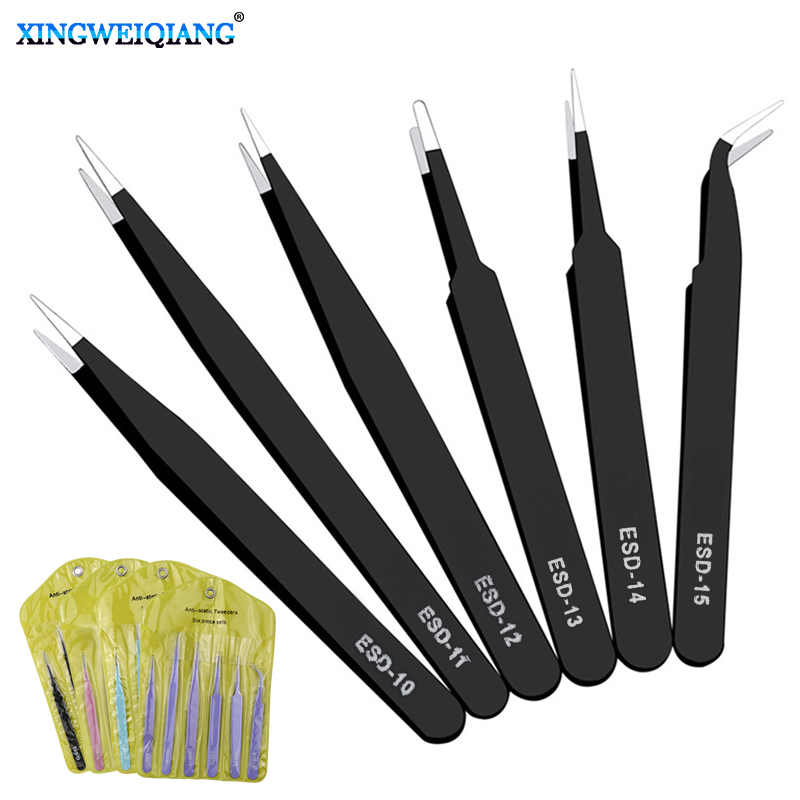 Home Bar Supplies - 6PCs ESD Anti-Static Stainless Steel Tweezers