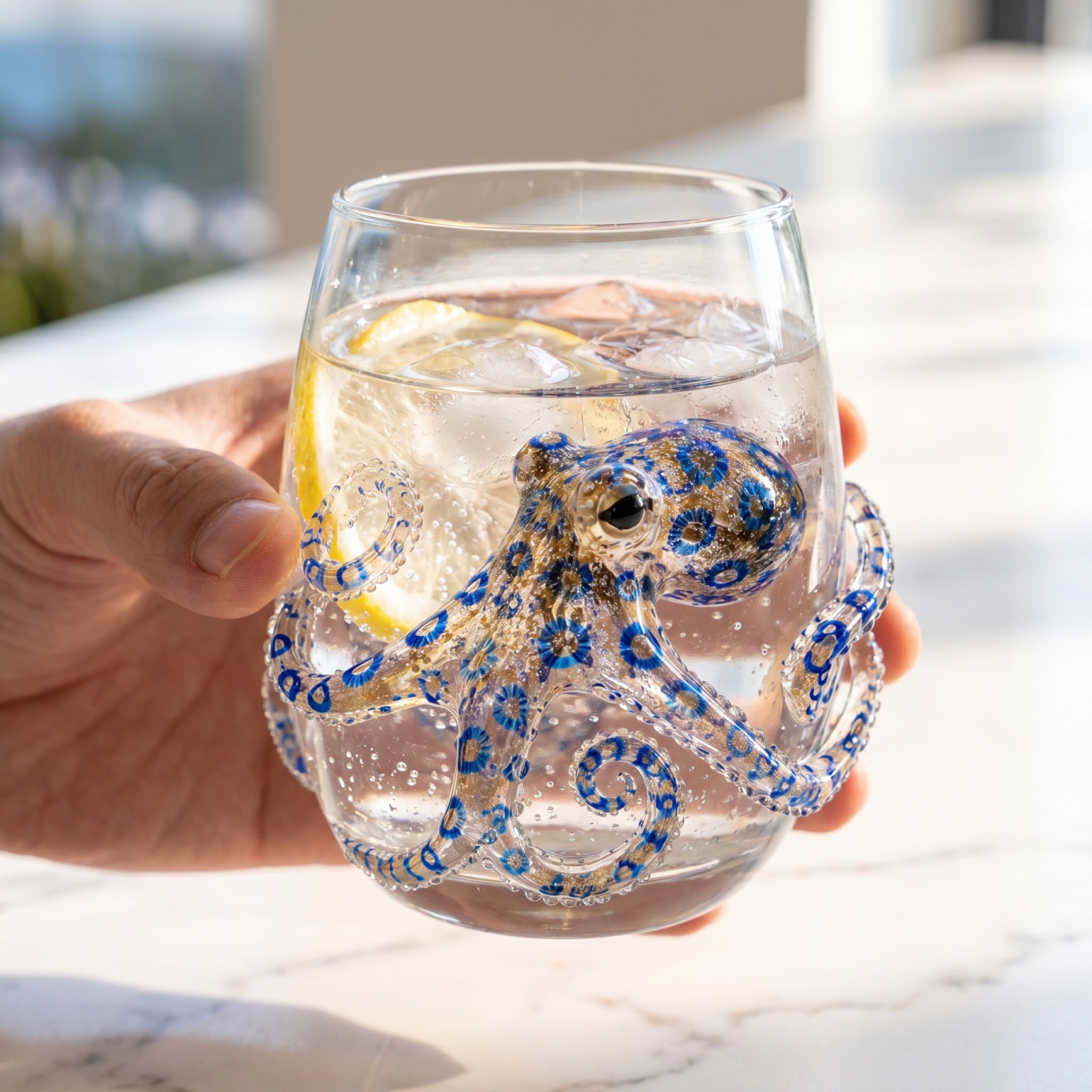 Home Bar Shelf - Artisanal Blue Ringed Octopus Glassware, Novelty
